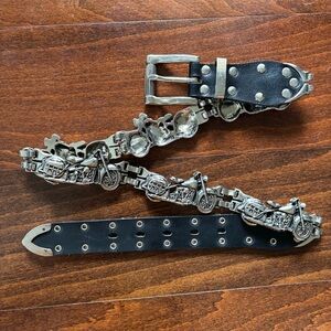 Black leather and silver metal motorcycle chain link belt, Size M